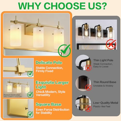 Image of SOLFART 3-Light Bathroom Vanity Light, Modern Brushed Gold Wall Lights with Milky White Clear Glass Shades, Bathroom Wall Sconce Lamp for Mirror Living Room Bedroom Hallway (Bulbs Not Included)