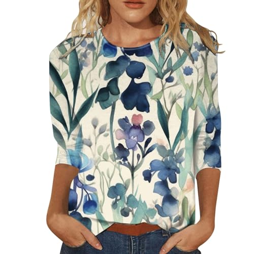 Dressy Blouses for Women Froal Printed 3/4 Sleeve Plus Size Tops Ladies Casual Loose Crewneck Shirts Trendy Western Boho Tunic Top Shirt Blouse Clothes Clothing for Women 2024