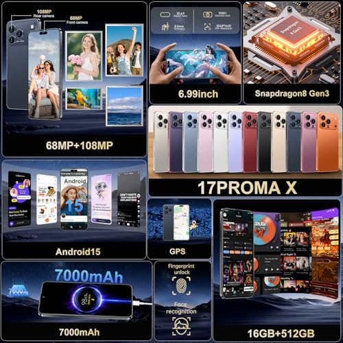 Image of 17PROMA X Unlocked Phone | Cell Phone Android 15.0 | 16+512GB Smartphone| 6.99 inch HD Display | Long Battery Life 7000mAh | 68+108MP Zoom Camera| Fingerprint Lock | with Dual SIM (Dark Blue)