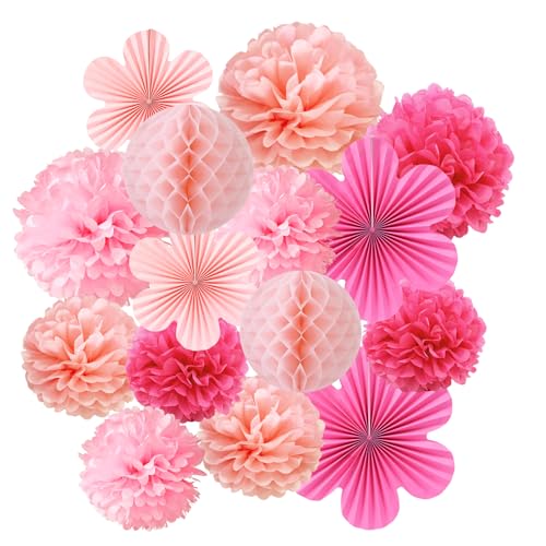 15pcs Rose Pink Paper Party Decorations, Hanging Paper Honeycomb Balls Flower Fans Pompoms Decoration for Wedding Festival Carnival Birthday Garden Party Decorations