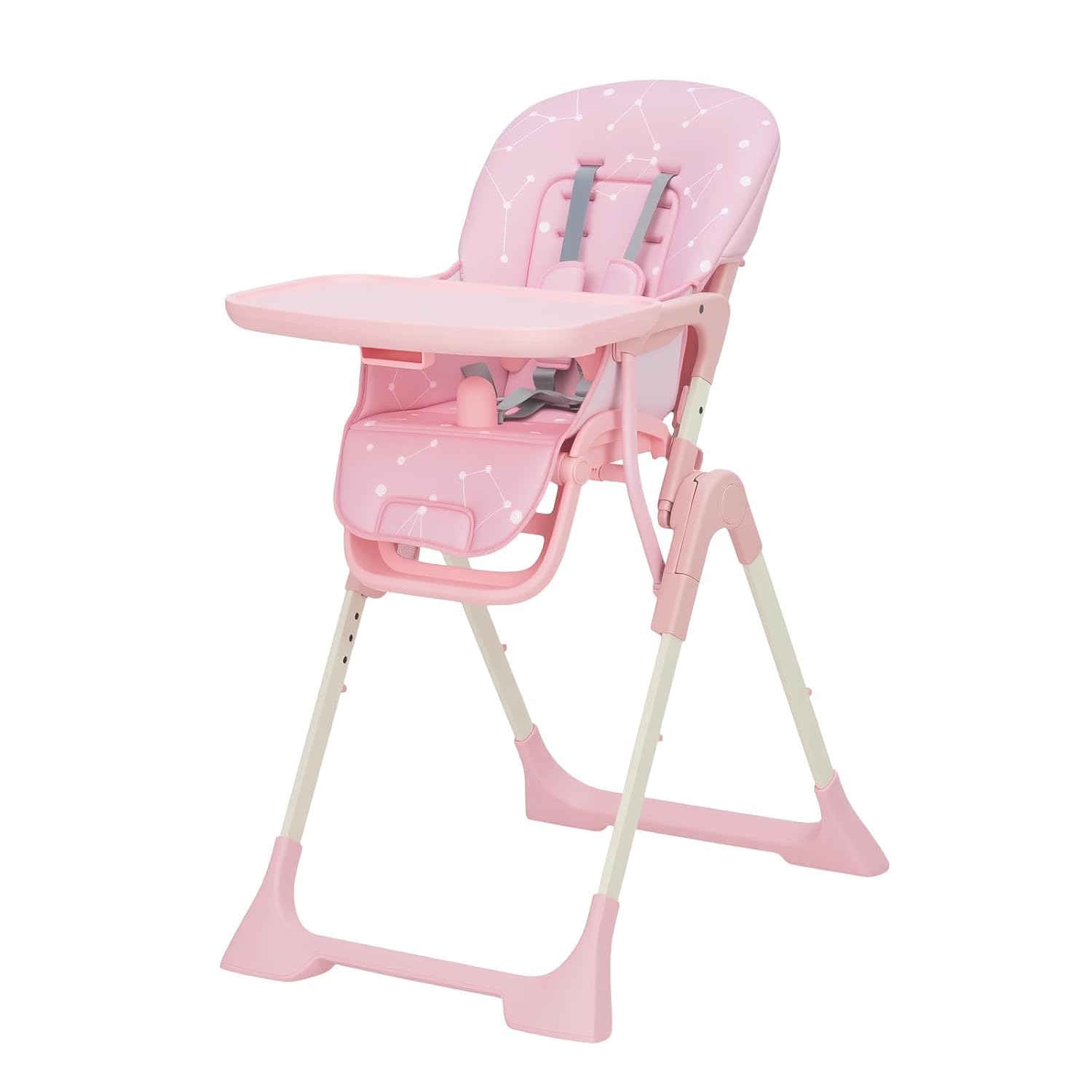 Baby High Chair, Foldable Feeding Chairs for Babies and Toddlers, Adjustable Height/Backrest/Footrest, Removable Tray, Fast Folding Pink