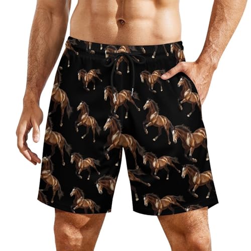 Horse Racing Mens Swim Trunks Swimming Board Shorts with Compression Liner Summer Beach Bottom