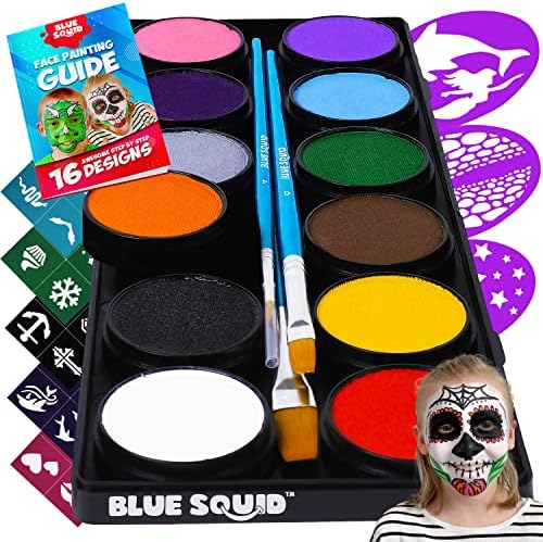 Blue Squid Face Paint Kit for Kids – 12 Color Palette, 30+3 Stencils, Washable Paints, Brushes Guide, Safe Facepainting for Sensitive Skin, Professional Quality Body & Face Facepaints Halloween Makeup