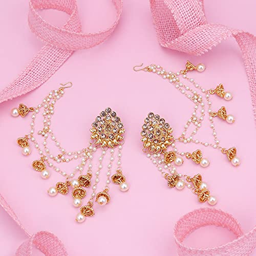 Image of Sukkhi Traditional Brass Gold Plated Wedding Jewellery Bahubali Inspired Long Chain Jhumki Earrings for Women