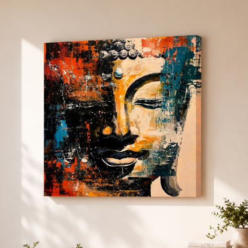Image of PAINTINGMANTRA Abstract Lord Buddha Painting for Living Room, Buddha wall Art Painting for living room, Bedroom, office and Religious Home, Stretched Canvas, 22x22 Inch