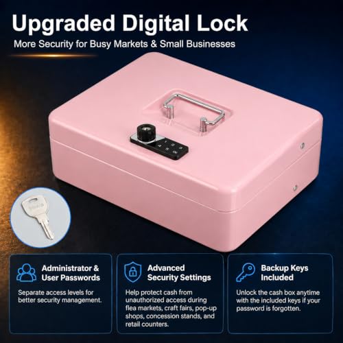 Image of KYODOLED Cash Box with Money Tray and Electronic Lock, 11.8 Inch, Pink