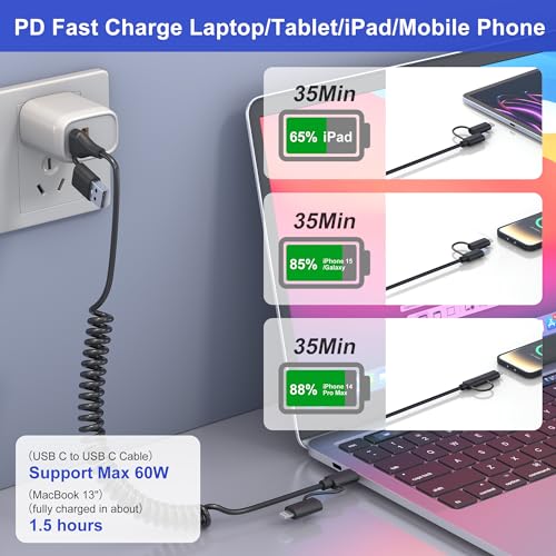 كابل لايتنينج وUSB C 4 في 1 60 وات [توصيل طاقة ومعتمد من آبل ونقل البيانات]، كابل ملفوف قصير يدعم كاربلاي واندرويد اوتو، كابل شحن كومبو 4 في 1 نوع سي/لايتنينج/USB ايه لآيفون 15 14/اندرويد/باد/لاب توب