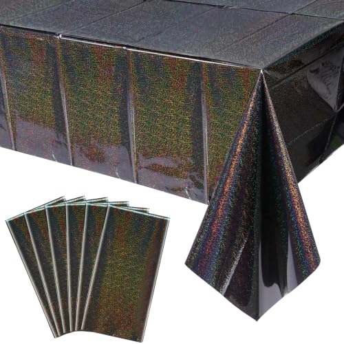 Image of 6 Pack Iridescent Black Plastic Tablecloths, Shiny Disposable Laser Rectangle Table Covers, Holographic Foil Tablecloth for Halloween Birthday Space Graduation Black Themed Party, 54x108Inch