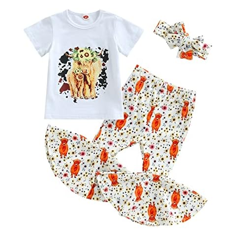 Toddler Girl Clothes Summer Outfit Sets White Short Sleeve Cattle Print T-Shirt + Floral Flared Pants + Headband (White, 9-12 Months) Cover