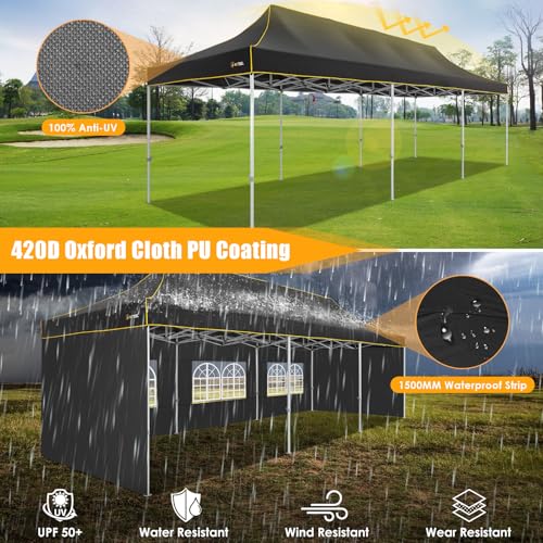 Image of HOTEEL 10x30 Heavy Duty Pop Up Canopy Tent with 5 Sidewalls&Wheeled Bag, Commercial Event Party Tent Wedding Instant Canopy Waterproof, Upgraded Thicked Hexagonal Legs, UV 50+, Black