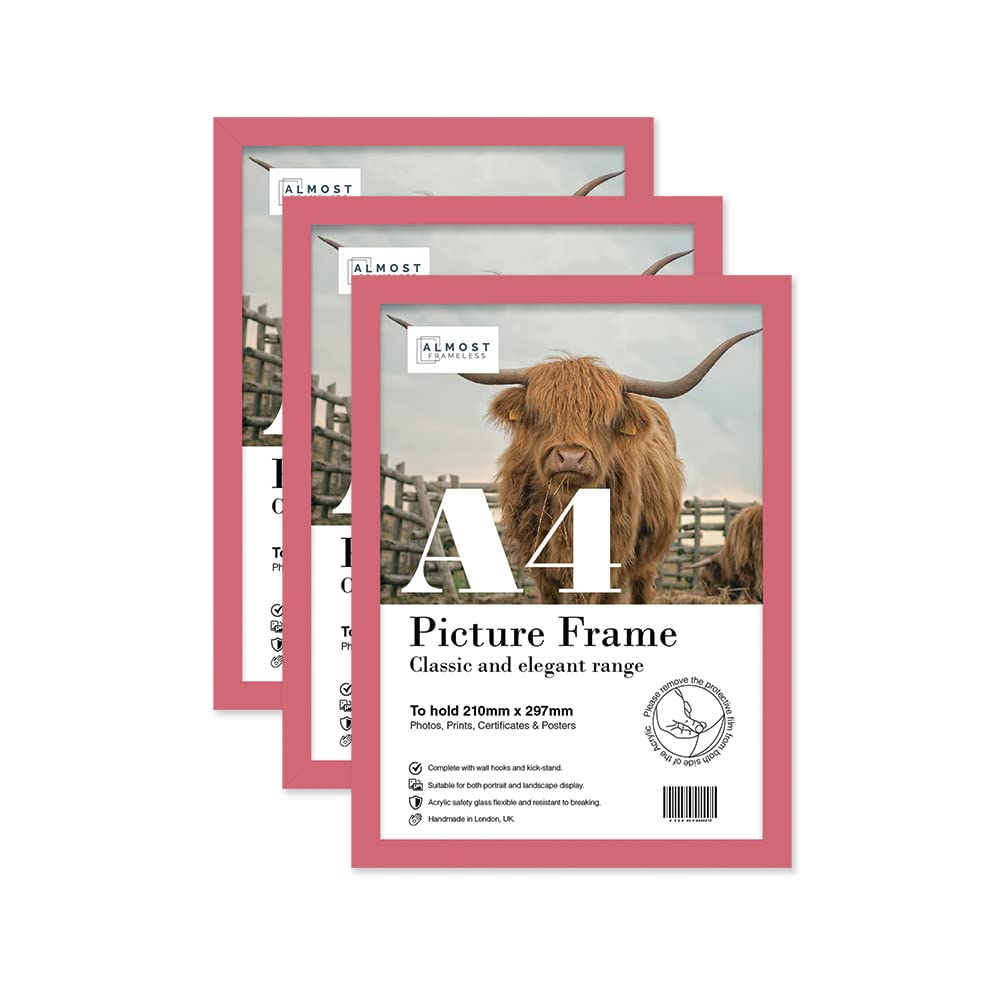 Almost Frameless A4 Pink Picture Frame Set of 3, Display A4 Picture Gallery Wall, Poster, Photo, Artwork, or Print, Pink