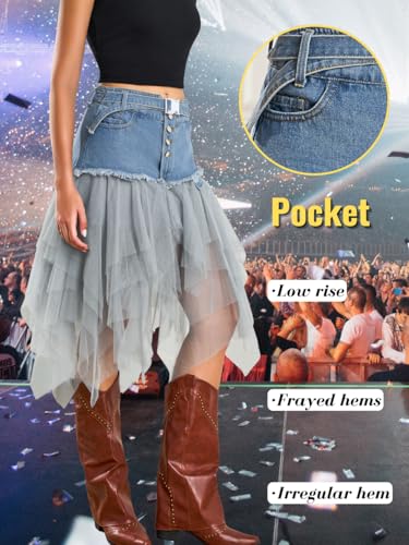 Kaei&Shi Denim Patchwork Skirt,Low Rise Jean Tulle Skirts for Women,2000S Goth Club Rave Outfit4