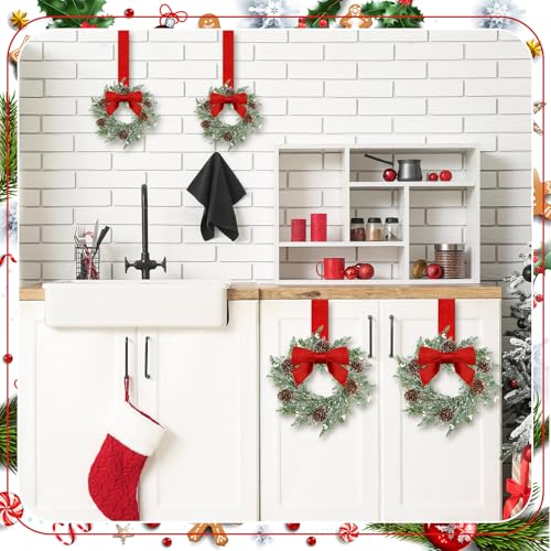 Image of Dingion 6 Pcs 6 inch Christmas Mini Cabinet Wreaths Cedar for Kitchen with Ribbon Bows Red Berry Frosted Cedar Pine Small Window Wreath for Window Door Home Wall Farmhouse Christmas Party Decorations