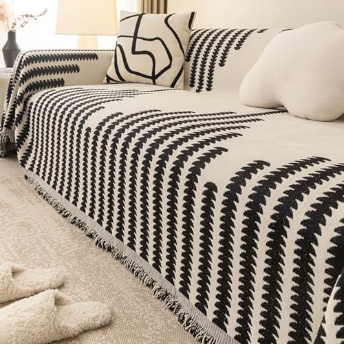 WOBblo Jeté De Canapé Extra Large, Blanc À Rayures Géométriques Simples, Couverture De Canapé pour 2, 3, 4 Places, Jeté Polyvalent en Chenille pour Canapé-lit,Noir,180 * 230 Cm