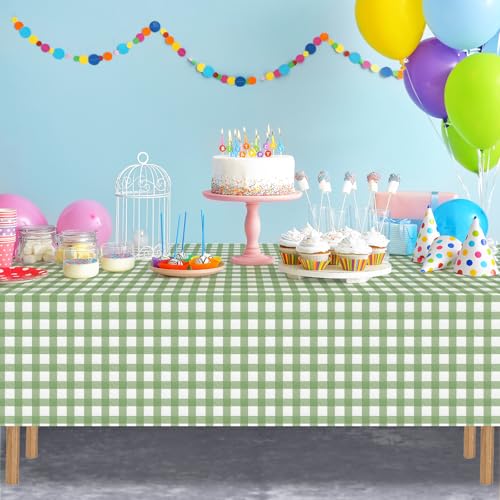 Image of 12Pack Sage Green Plastic Checkered Tablecloth, Premium Decorative Disposable Sage Green Gingham Plaid Table Cloths for Parties, Rectangle Party Table Cover for Picnic Birthday Wedding, 54x108 Inch