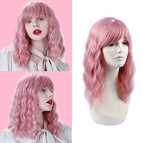 Remy Blue Pastel Wavy Wig With Air Bangs Short Bob Pink Wig Curly Wavy for Women 14" Shoulder Length Synthetic Cosplay Wig for Girl Colorful Costume Wigs (14 Inch, Pink)