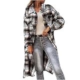 Gitter Mantel Damen Windjacke mit modischem Karo Druck Knielanger Langer Trenchcoat Revers Langarm Übergangsjacke Einreihige Cardigan Bluse Übergangsmantel Winterjacken Herbst Streetwear Wintermantel
