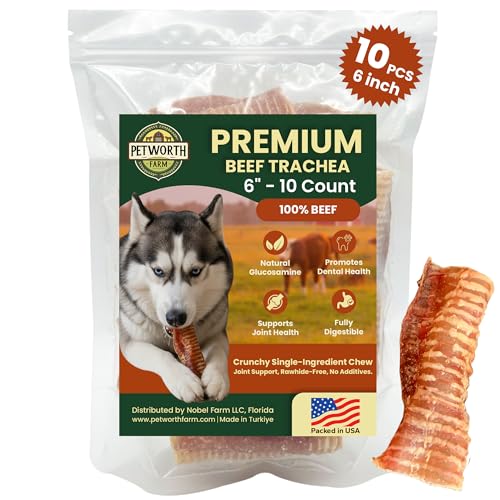 Petworth Farm 10 Pack 6 Inch Beef Trachea Dog Chews Single Ingredient Crunchy Dental Treats Natural Joint Support Chews Rawhide-Free High Protein Dog Treats for Medium to Large Dogs