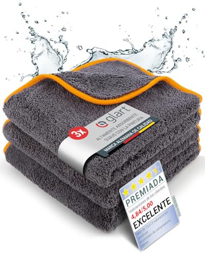 Glart 443TPO Set de 3 Toallas de Microfibra - 600 GSM - 40x40 cm - Toallas de Pulido para Auto, Secado & Cuidado - Ultra Suaves, sin Pelusa & Absorbentes - Para Cuidado de Auto, Moto, Barco & Hogar