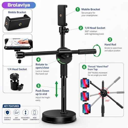 Image of BROLAVIYA Dual Mobile Overhead Stand for Video Recording, Desk Camera Mount with Dual 360 Rotating Phone Holders, Adjustable Height for YouTube, Reels, TikTok, Online Teaching, & Content Creation