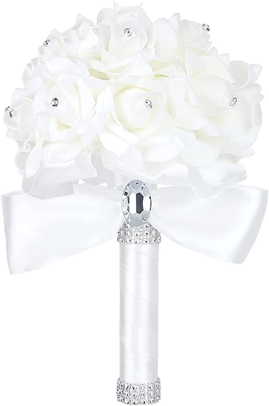 StillCool Wedding Bouquets Crystal Pearl Silk Roses Bridal Bridesmaid Wedding Hand Bouquet Artificial Fake Flowers (18cm*24cm, Creamy-White)