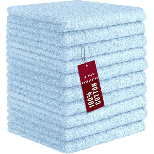 Image of DecorRack 10 Pack 100% Cotton Wash Cloth, Luxurious Soft, 12 x 12 inch Ultra Absorbent, Machine Washable Washcloths, Baby Blue (10 Pack)