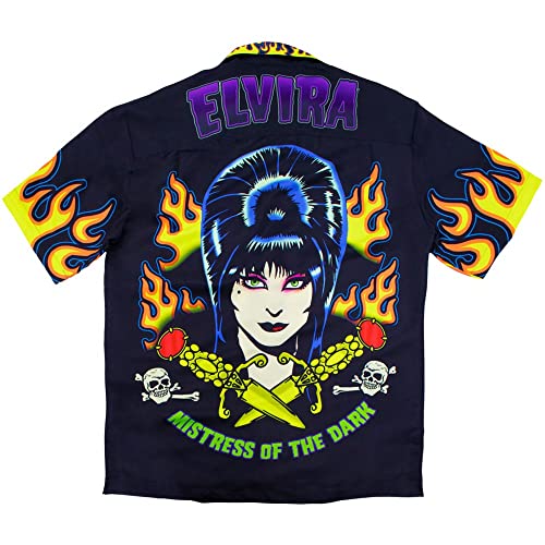 kreepsville 666 Elvira Mistress of The Dark Retro Flames Tattoo Skull Sublimated Button Down Collared Short Sleeve Shirt2