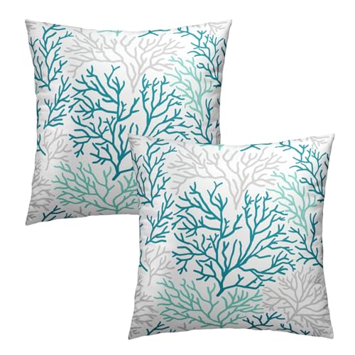 Mweet Teal Blue Coral Pillow Covers 18X18 Inch Summer Ocean Sea Coastal Decorative Throw Pillow Cases Set of 2 for Couch Sofa Bench Living Room Bedroom Home Decor - Image 3