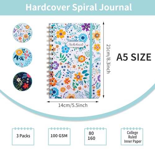 EOOUT 3 Pack Spiral Notebook, Journal for Women, Hardcover Spiral Journal, 5.5 x 8.3 Inches, 160 Pages, Cute Blooming Floral, Back Pocket, 100gsm Paper, for Gifts, Work, Office and School Supplies - Image 3