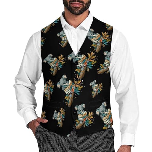 Koala Bear And Books Novelty Men's Suit Vest Funny Formal Dress Vests Business Waistcoat