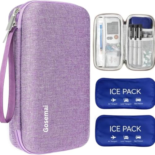 Image of Gosemai Insulin Cooler Travel Case with 2 Ice Packs TSA Approved Hard Shell Diabetic Medication Bag for Insulin Pens Syringes and Tablets Compatible with Ozempic Mounjaro (Purple Small)