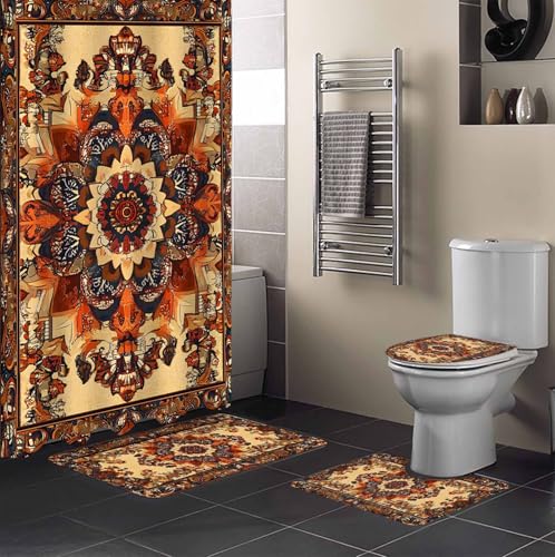 Bohemian Flower Bathroom Set with Shower Curtain and Rug Accessories - 36x72 Inches Long Boho Tribal Colorful Distressed Printed Stall Curtain Waterproof with Small Bath Mat,Washable Runner Rug Set