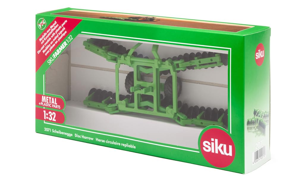 siku 2071, Brona talerzowa, 1:32, Metal/Tworzywo sztuczne, Zielony/Czarny, Rozkładane ramiona z ruchomymi talerzami, Gumowane opony, Zabawkowy model kompatybilny z zaczepami przyczep traktorów 1:32
