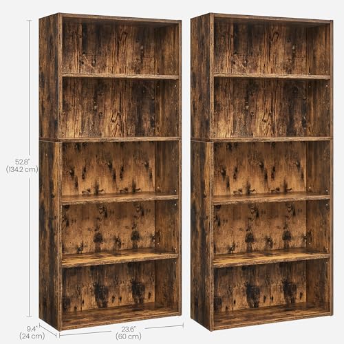 Image of VASAGLE Set of 2 Bookshelves, 23.6 Inches Wide, 5-Tier Open Bookcases with Adjustable Storage Shelves, Floor Standing Units, Rustic Brown ULBC165X01-2
