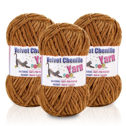 Image of 3 * 100g /3.5oz Fluffy Chenille Yarn for Crocheting, Chunky Velvet Yarn for Crochet Amigurumi, Used for Making Baby Yarns Blanket, Clothes, Pattern Knitting Creations (Coffee)
