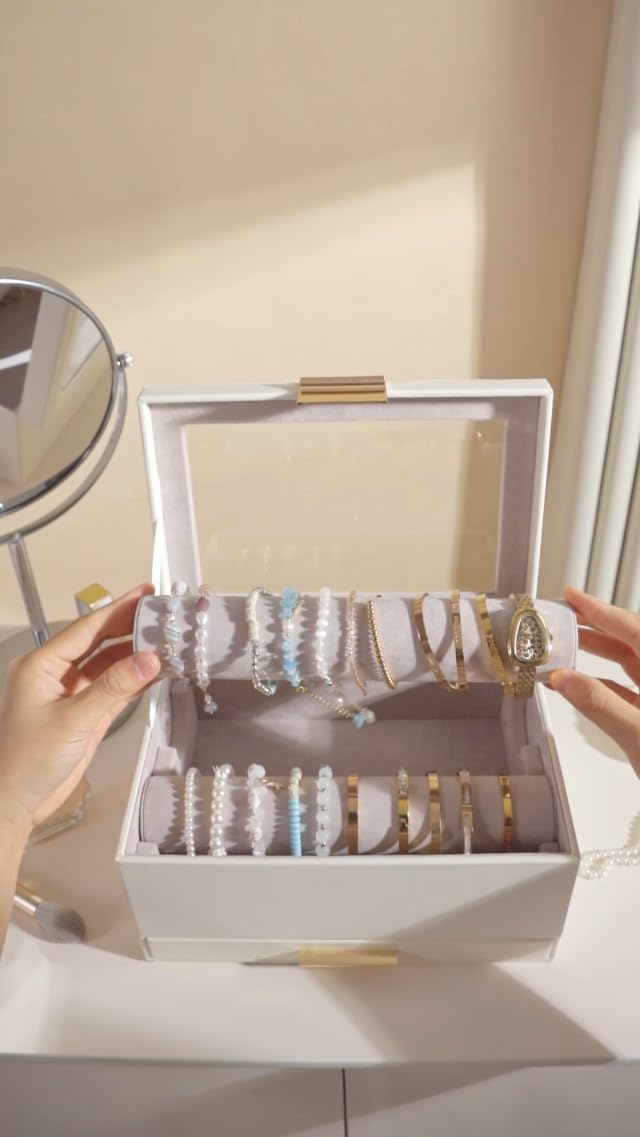 Jojomis Organizer Gioielli Con Cassetto Adatto Per Bracciali,Bianco | cassetto inferiore, coperchio trasparente, protezione dalla polvere, per bracciali rigidi e orologi
