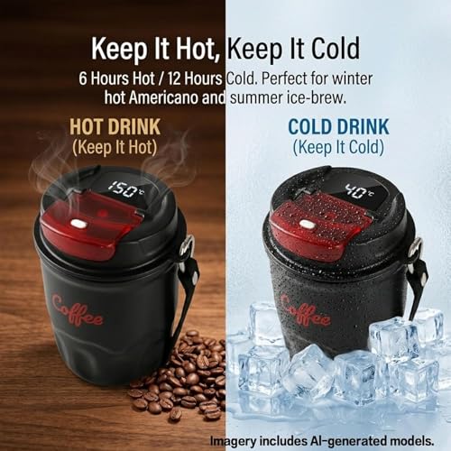 Image of Coffee Vacuum Flask, 12oz Portable Smart LED Temperature Display Coffee Cup with Lid and Handle Strap, 316 Stainless Steel, Leak-proof, Keep Hot and Cold, for Home, Office (Purple)