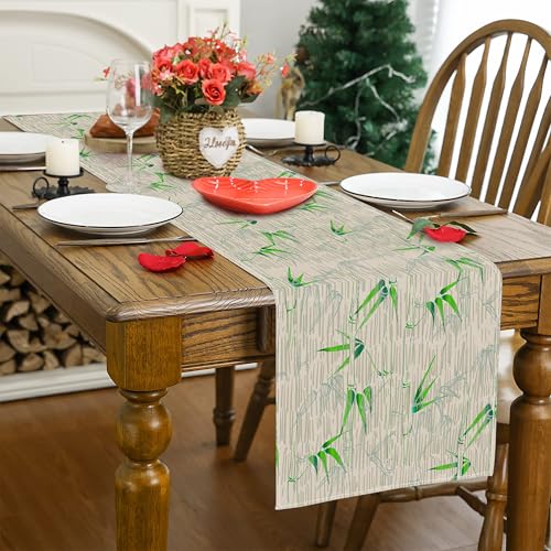 Image of Bamboo Print Linen Table Runner,Rustic Farmhouse Nature Table Decor for Indoor Outdoor Dining Kitchen, Coffee Table Decor, Spring and Summer Party Decoration,13x120 Inch