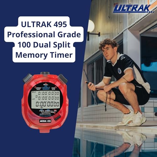 Image of ULTRAK 495 Stopwatch - Red Professional 100-Lap Digital Timer, Countdown Interval Tracker, Water-Resistant Sports Watch, Chronograph for Coaching & Training