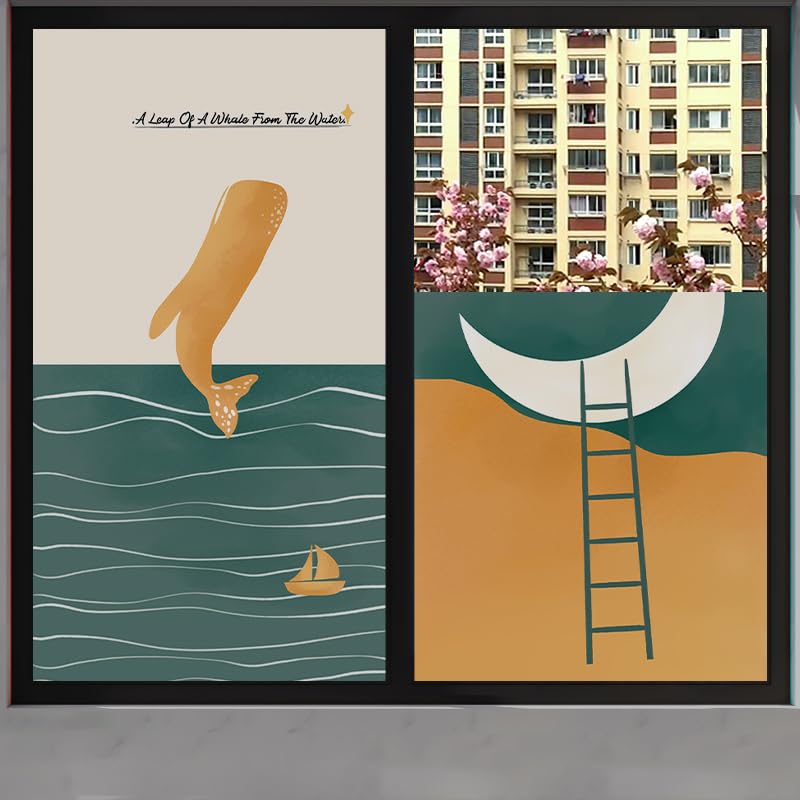 Fensterfolie Orange Dolphin Mond Milchglasfolie Fensterfolie Milchglas Selbstklebend Fensterfolie Sichtschutz Blickdicht Fenster Sichtschutzfolie Folie für Fenster Fensterfolie Bad 50x200cm/2 Pcs