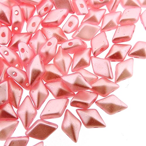 Czech Glass DiamonDuo, 2-Hole Diamond Shaped Beads 5x8mm, 10 Grams, Pink Airy Pearl