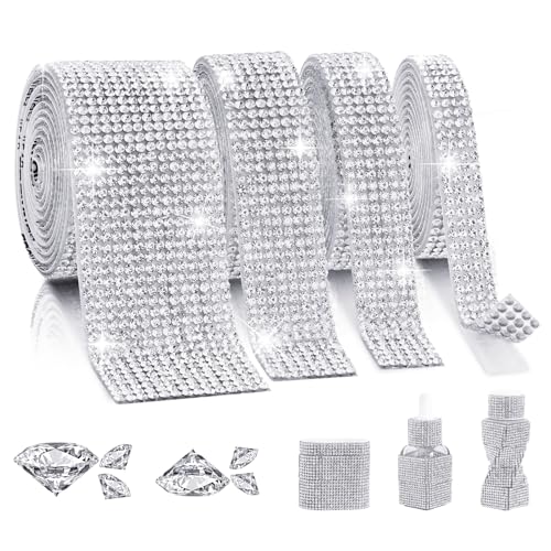 LYXMYGS Rhinestone Ribbon Self Adhesive 4-Yard Bedazzling Strips 4-Rolls Rhinestone Strips for DIY Craft Rhinestones for Crafting Home Decor and Special Events 4/6/8/14 Rows Transparent Crystal