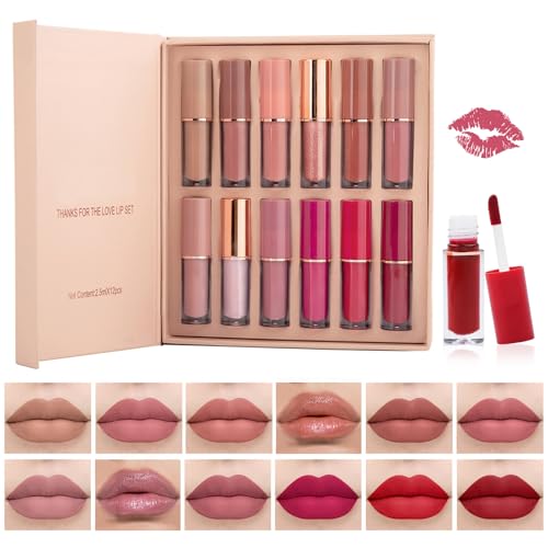 Lishang 12 Piezas Pintalabios Permanente Liquido, Labiales Mate de Larga Duracion, Rojo Gloss, Barra de Labios Impermeable, Lipstick Set Kit Maquillaje, para Mujeres Regalo San Valentín Cumpleaño