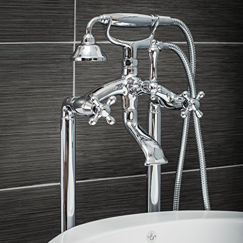 Best Deal 🛒 Luxury Clawfoot Tub or Freestanding Tub Filler Faucet, Vintage Design with Telephone Style Hand Shower, Floor Mount Installation, Cross Handles, Polished Chrome Finish