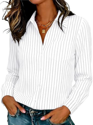 Womens Striped Button Down Shirts Classic Fit Long Sleeve Collared Office Work Blouses Professional Tops for Women Tops Wrinkle Free Women's Basic Shirt for All Seasons White Pinstripe Size L