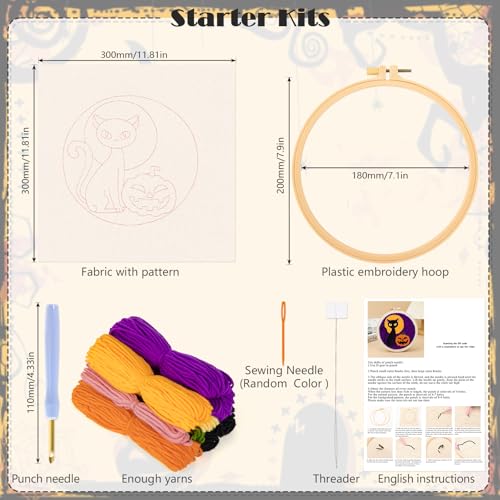 JSRQT Punch Needle Embroidery Starter Kits for Adults Beginners,Halloween DIY Handcraft Embroidery Starter Kits,Rug Hooking Beginner Kit with Black Cat Pumpkin Pattern - Image 3