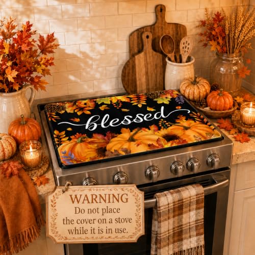 Image of Blessed Stove Top Cover for Electric Stove, Fall Pumpkins Range Covers, Thanksgiving Kitchen Range Top Mats, Fall Leaves Glass Cooktop Covers 28x20 inch, Vintage Cooktop Cover for Kitchen Home Decor