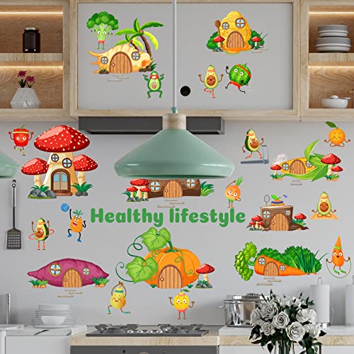 Cute Cartoon Fruit Vegetables Wall Decals, Kitchen Food Wall Sticker, Peel And Stick Removable, Wall Art Decoration For Kitchen Cabinet Locker Window Sticker Fruit Restaurant Refrigerator Dining Room Kids Room Wall Decor (Fruit Hause) #TOP6