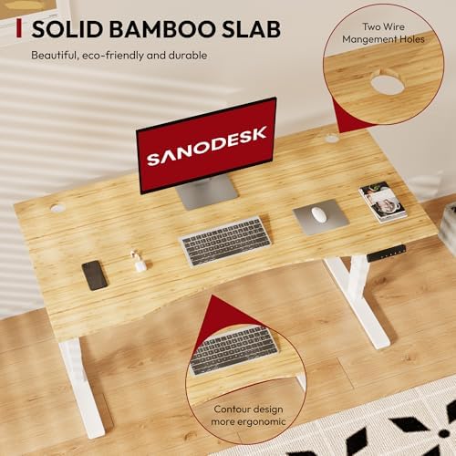SANODESK Standing Desk 3 Stages Dual Motor 60 inch Whole-Piece Real Bamboo Desktop Height Adjustable Desk for Home Office Stand Up (White Frame/ 60" Curved Natural Bamboo Top) - Thumbnail 2