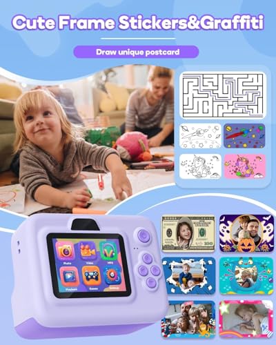 Image of Camera Instant Print, 1080P Kids Digital Camera with Printer Paper, Christmas Birthday Gift for Girls (Purple)